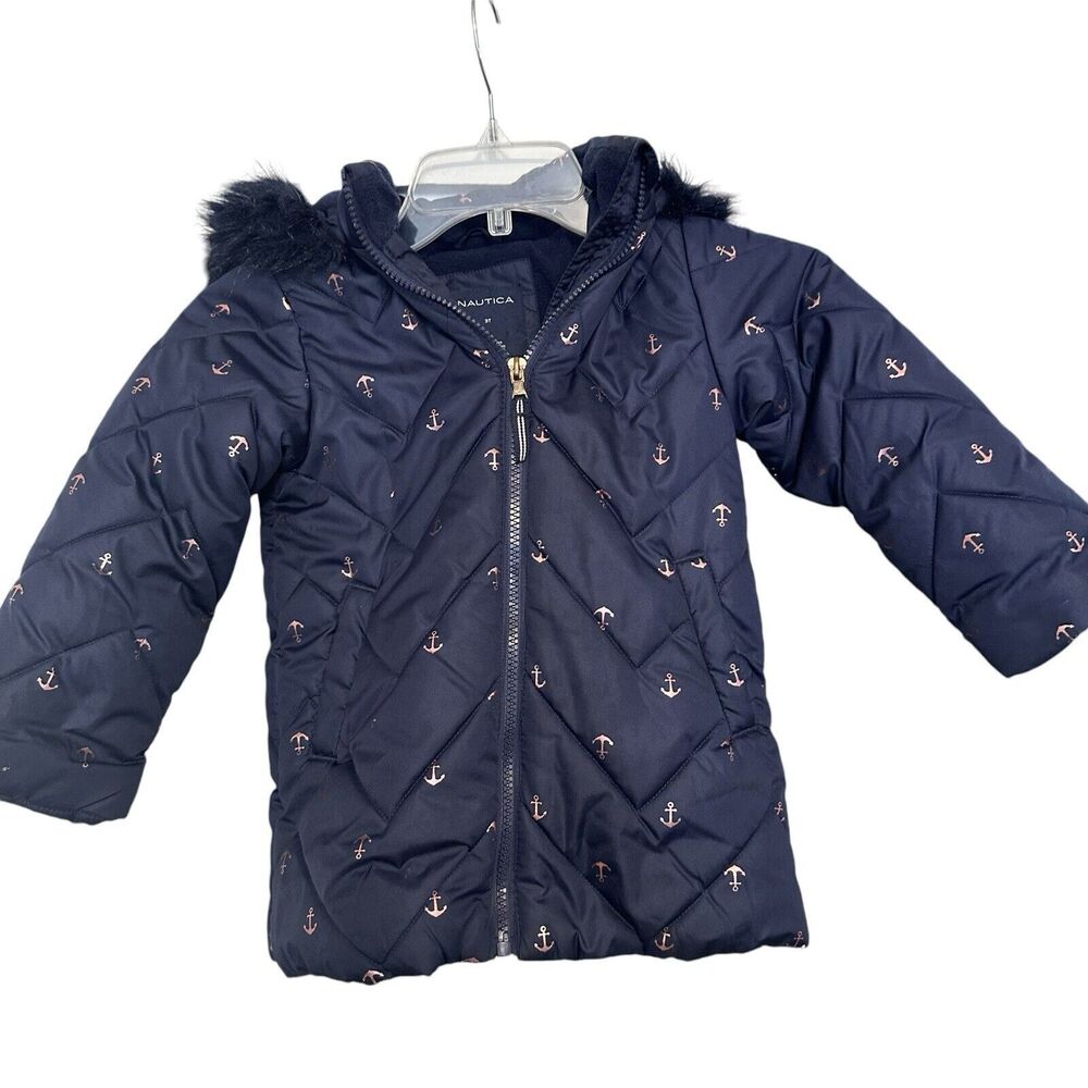 Nautica Toddler Girls Puffer Jacket Navy Blue Gold Anchor Print Hood Faux Fur 3T
